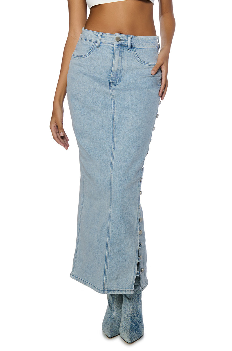 BRITNEY SIDE BUTTON DOWN DENIM MAXI SKIRT