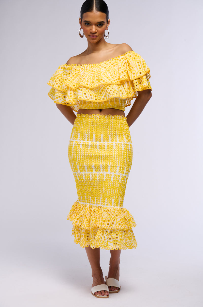 SUMMER LOVING RUFFLE TEXTURED MIDI SKIRT IN YELLOW