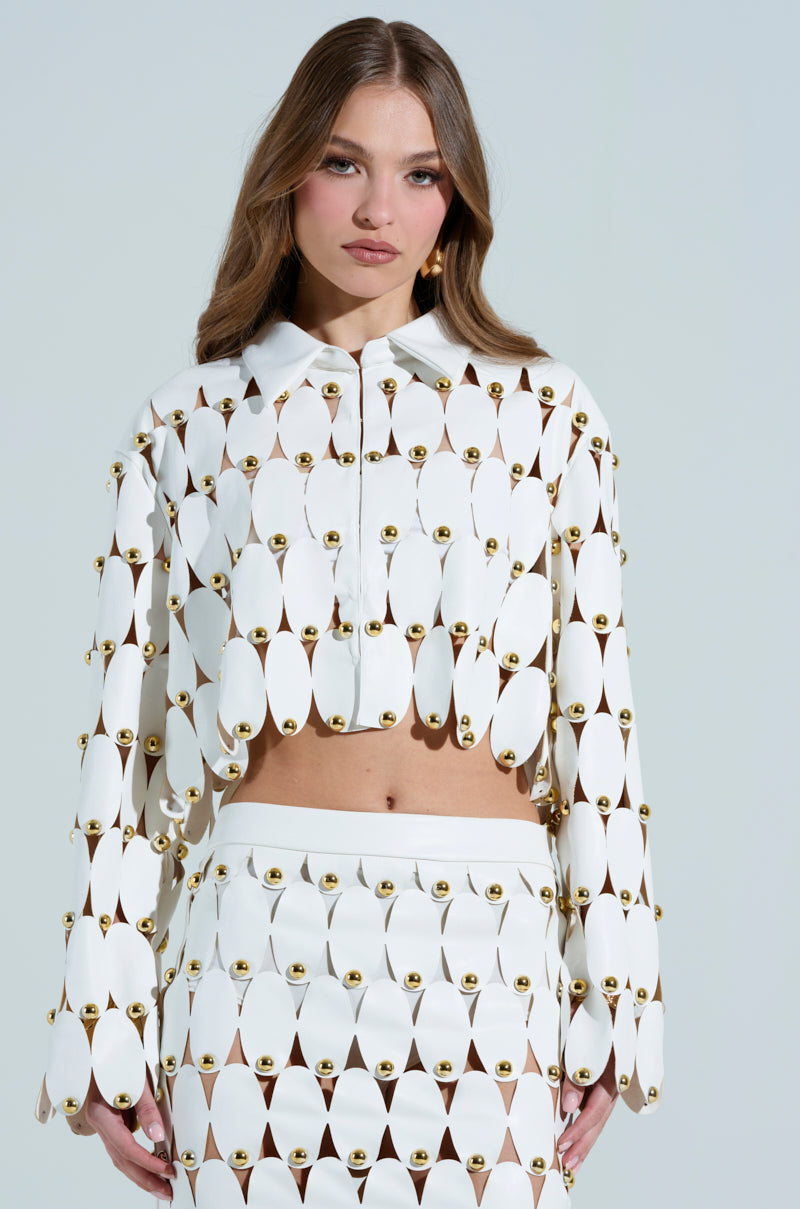 THE SNEAK PEEK STUDDED PU CROP CARDIGAN IN WHITE