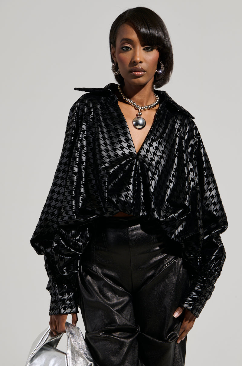 BADDEST OF EM ALL HOUNDSTOOTH FAUX LEATHER BLOUSE