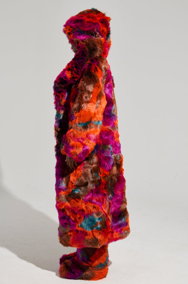 UPSETTER MAXI FAUX FUR COAT IN PINK MULTI