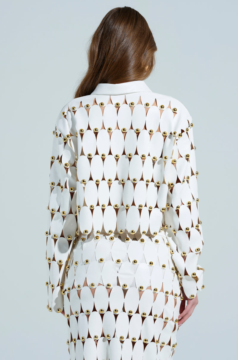 THE SNEAK PEEK STUDDED PU CROP CARDIGAN IN WHITE