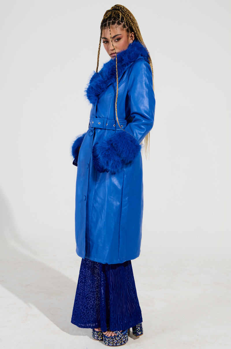 NEW KAYA FUR LINED TRENCH IN BLUE