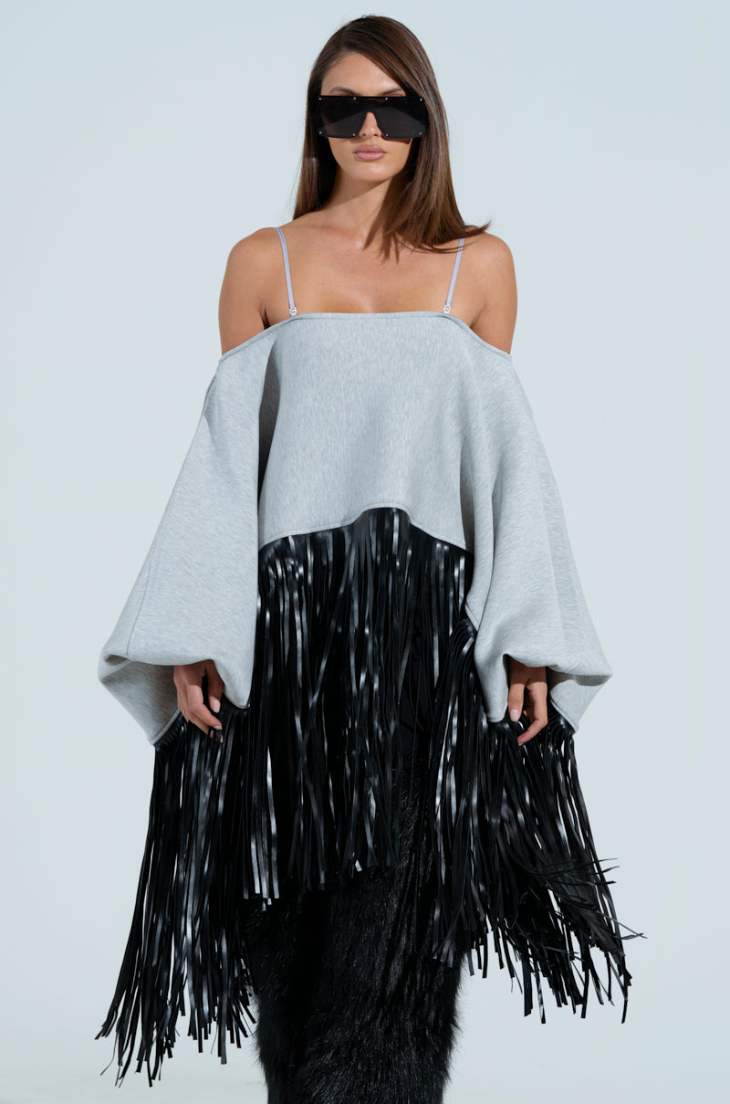 CITY GIRL FAUX LEATHER FRINGE SWEATSHIRT