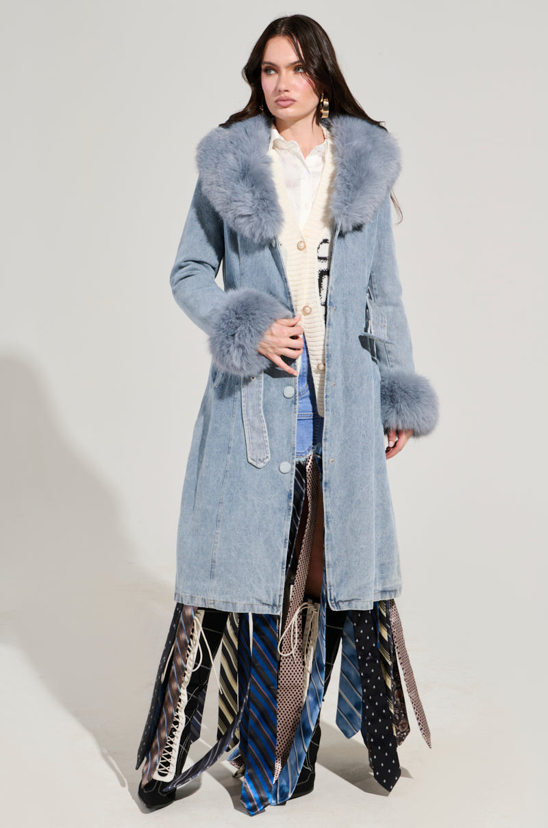 KAYA FUR TRIM TRENCH IN DENIM