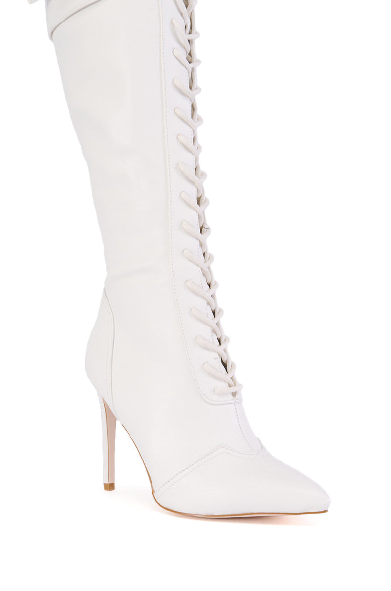 AZALEA WANG CHELSEA WHITE LACE UP STILETTO BOOT