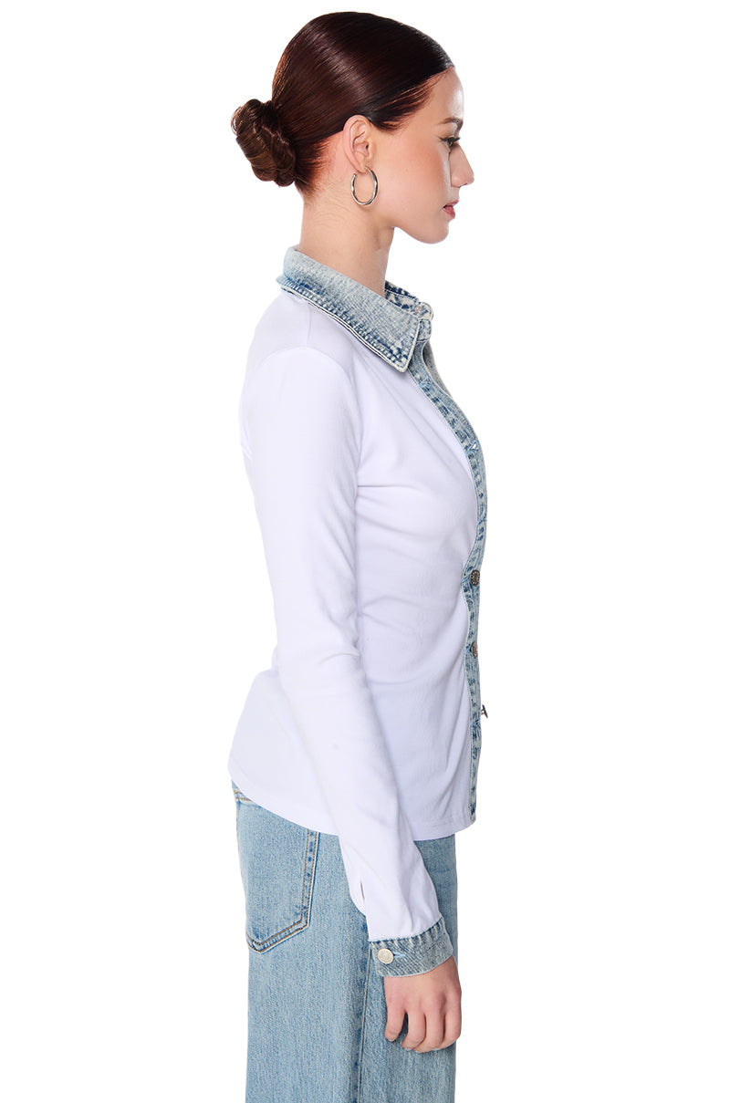 RIB KNIT DENIM TRIM BUTTON DOWN COLLARED SHIRT IN WHITE