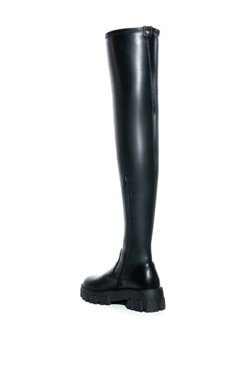 SLIM FIT AZALEA WANG LATE NIGHTS FITTED OVER THE KNEE FLATFORM BOOT WITH 4 WAY STRETCH IN BLACK