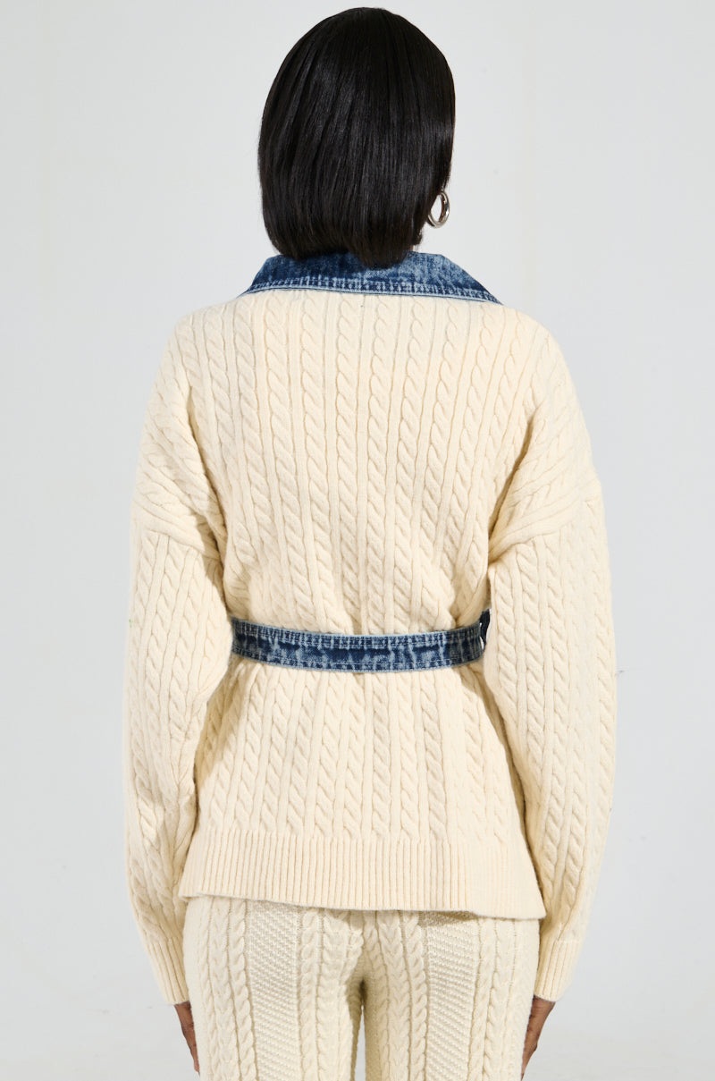 WORTHY OF LOVE CABLE KNIT TIE WAIST CARDIGAN IN CREAM