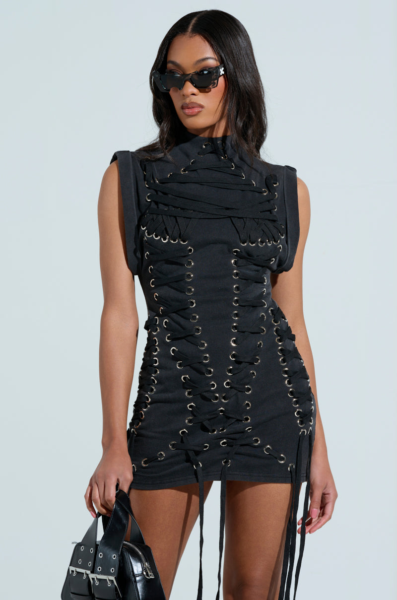 BANKS LACE UP MOCK NECK KNIT MINI DRESS