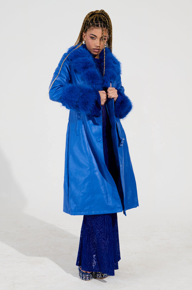 NEW KAYA FUR LINED TRENCH IN BLUE