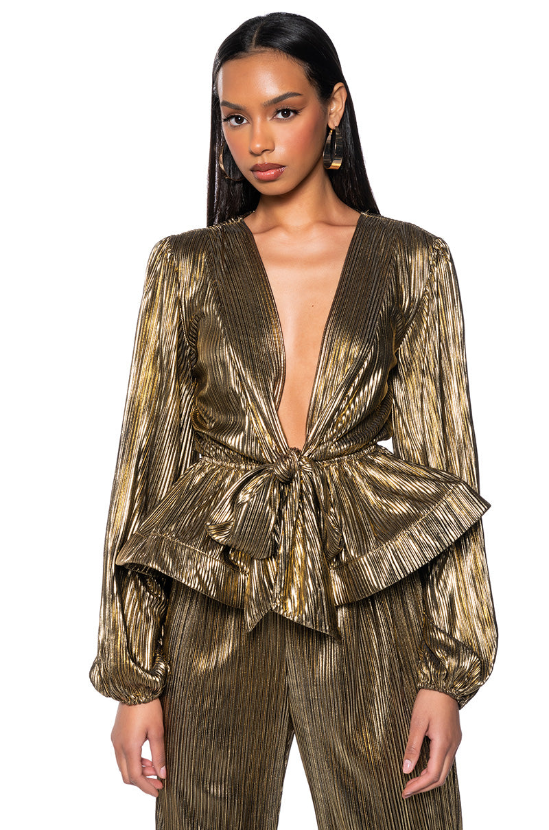 NOEL TIE PLEATED TIE FRONT METALLIC BLOUSE