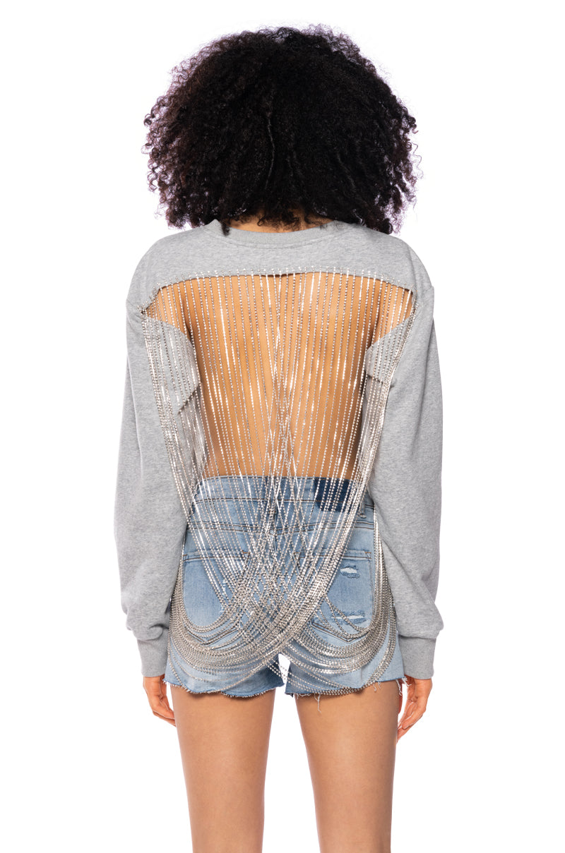 CHAINED TO THE RHYTHM REVERSIBLE LONGSLEEVE RHINESTONE CHAIN TOP