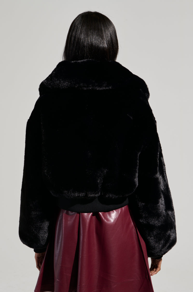 DREW FAUX FUR BOMBER WITH RIB TRIM IN BLACK