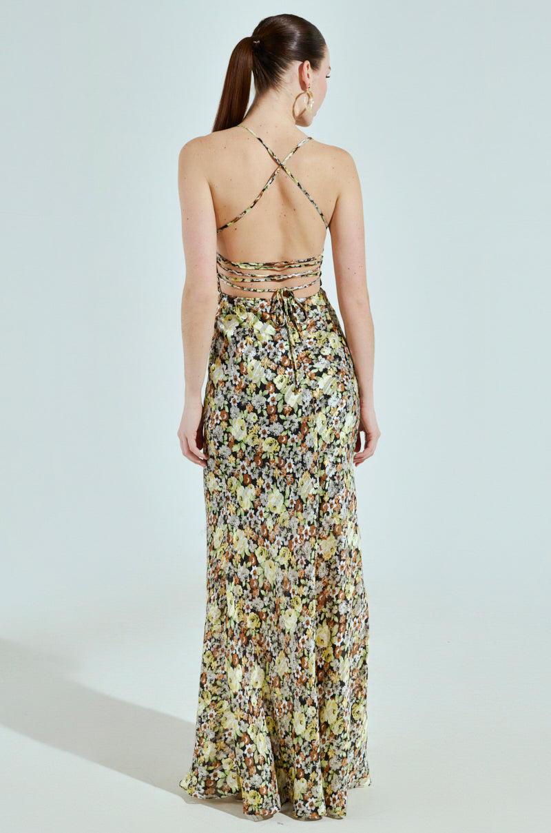 ZANIYA FLORAL SATIN MAXI DRESS