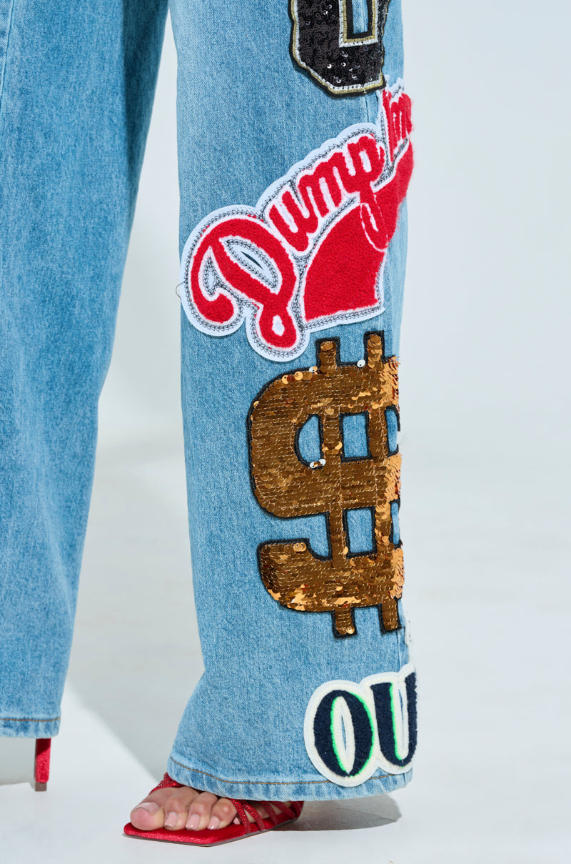 CHECK IT OUT OVERSIZED PATCH JEANS