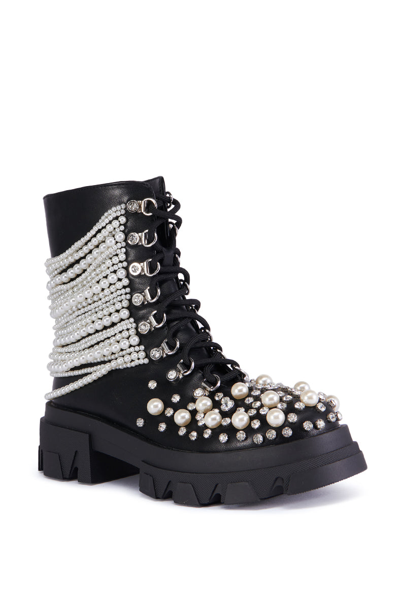 AZALEA WANG TWINKLEY BLACK PEARL EMBELLISHED COMBAT BOOTIE