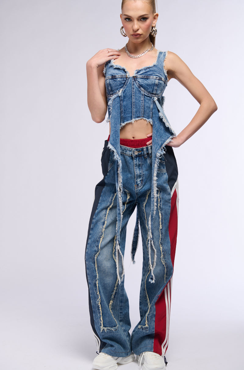 ALL AROUND THE WORLD PATCHWORK DENIM JOGGER PANT IN RED MULTI