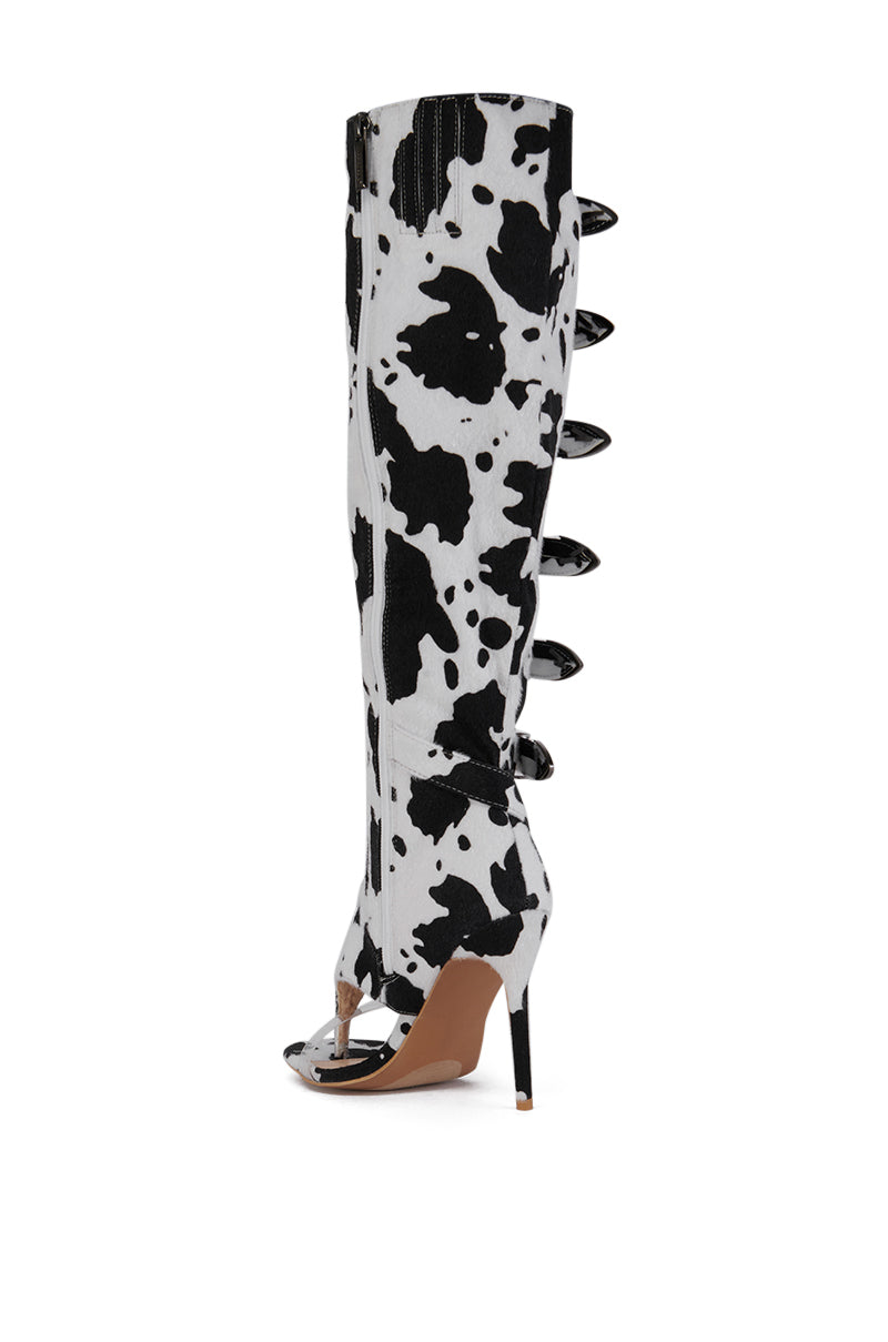 ELARAH COW PRINT FAUX PONY HAIR OPEN TOE SANDAL BOOT