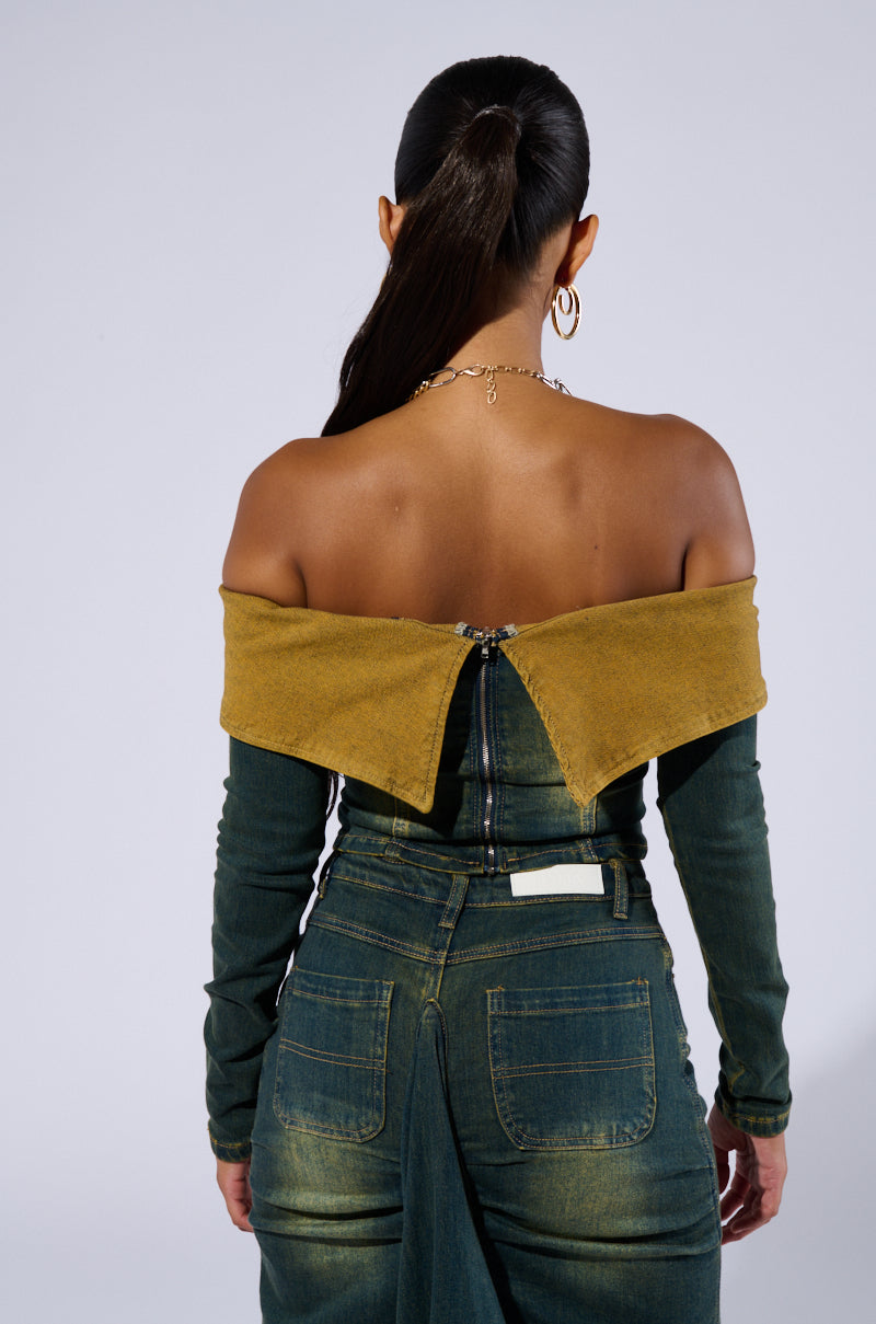 BEFORE YOU GO OFF THE SHOULDER DENIM TOP