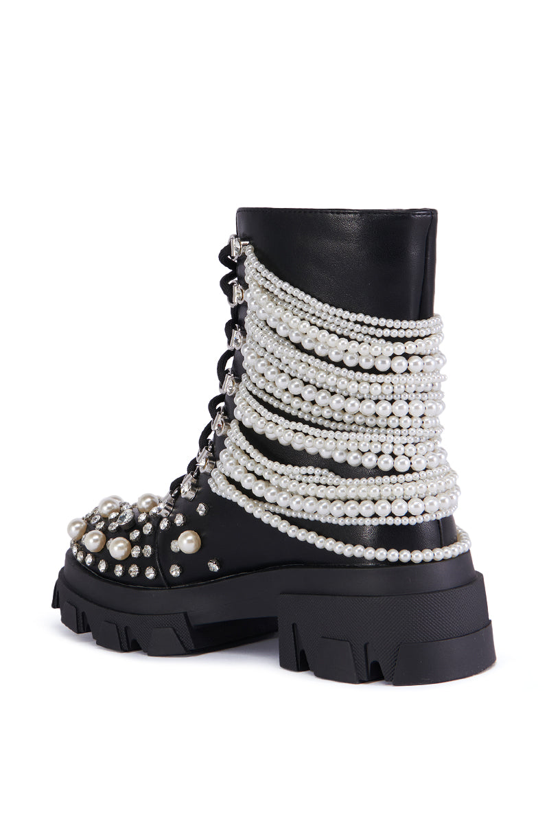 AZALEA WANG TWINKLEY BLACK PEARL EMBELLISHED COMBAT BOOTIE