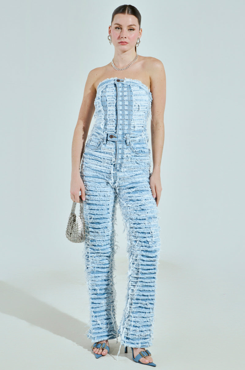 I DONT CHASE I ATTRACT DISTRESSED LIGHT BLUE DENIM JUMPSUIT