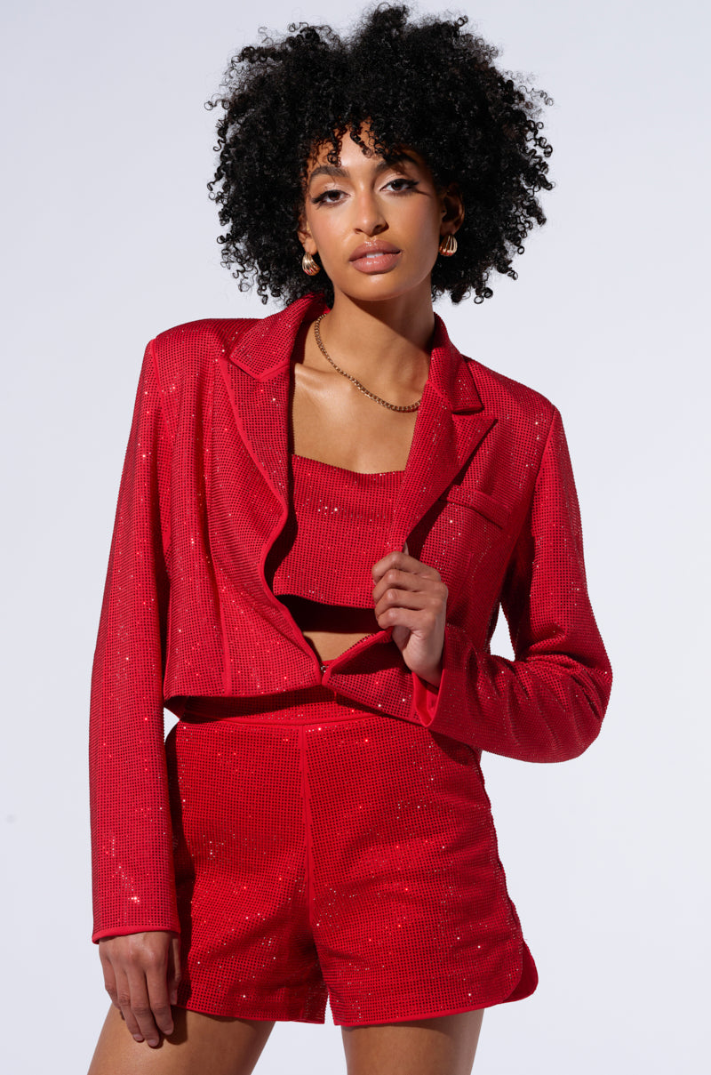 POP STAR HOT FIX RHINESTONE CROPPED BLAZER IN RED