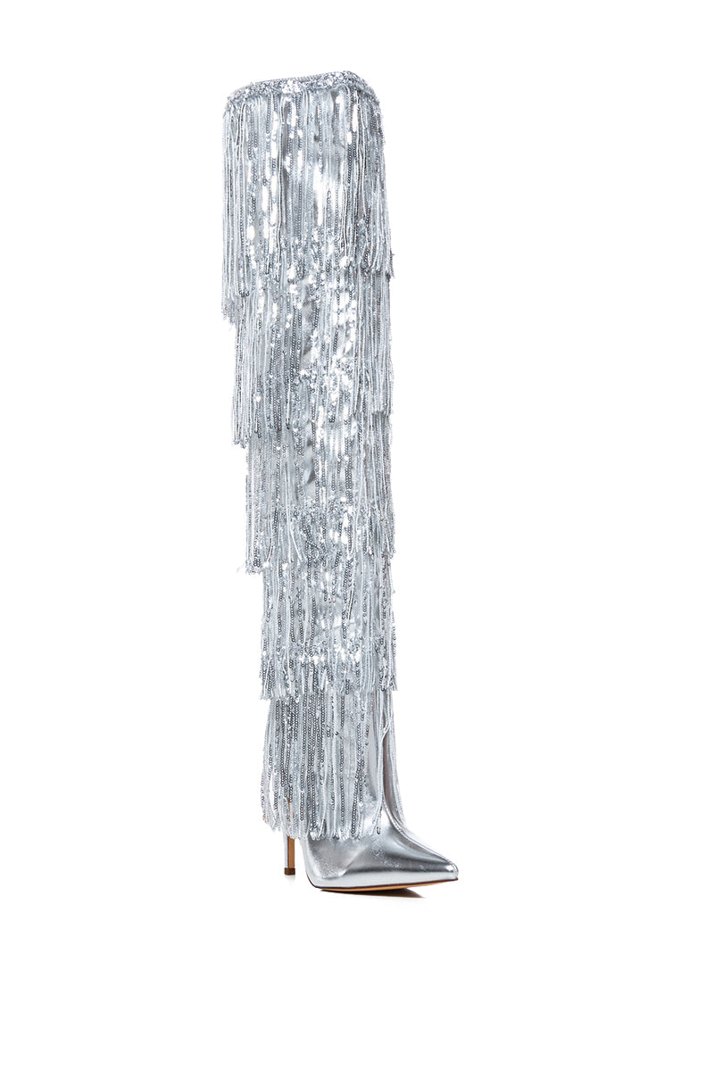 AZALEA WANG ADRIEL SILVER FRINGE STILETTO BOOT