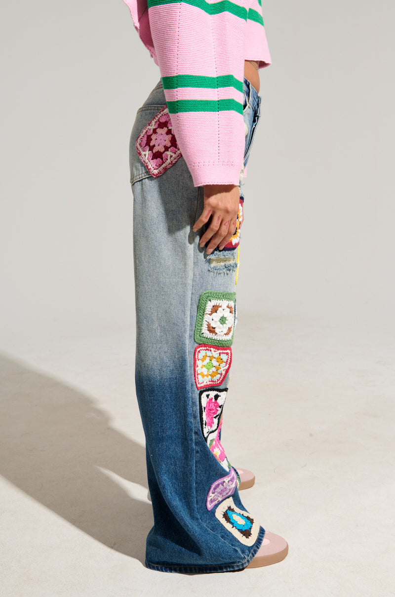 PEACE & LOVE CROCHET EMBROIDERED MID RISE DENIM