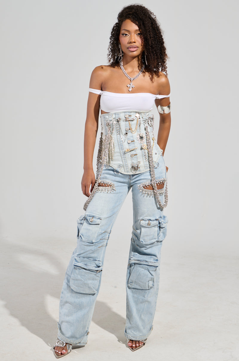 CALLING THE SHOTS CARGO DENIM WITH RHINESTONES