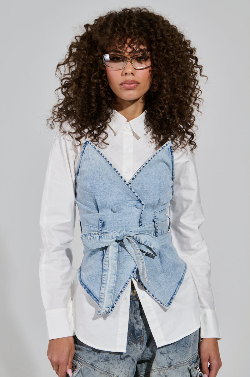 END OF SUMMER FLING DENIM CORSETED BLOUSE