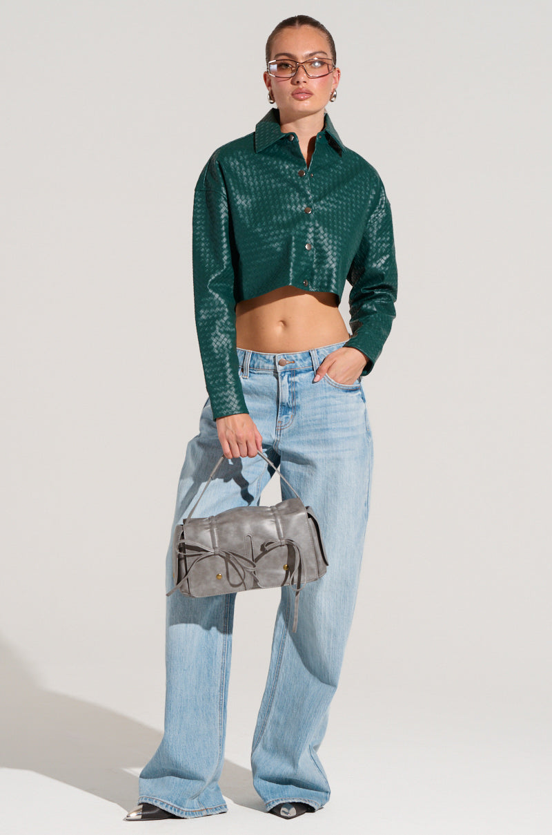 LUXURY GIRL WOVEN PU CROPPED SHIRT IN GREEN