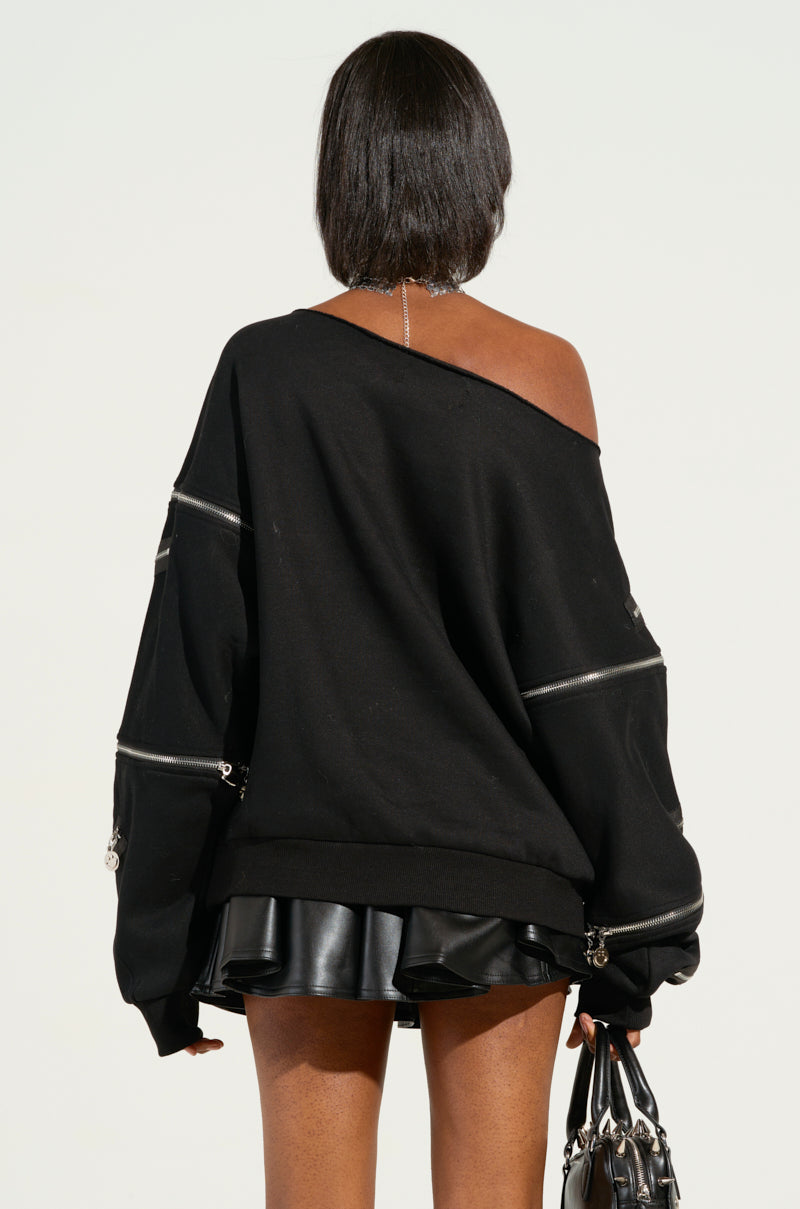 ZIP ME UP OFF THE SHOULDER SWEATSHIRT