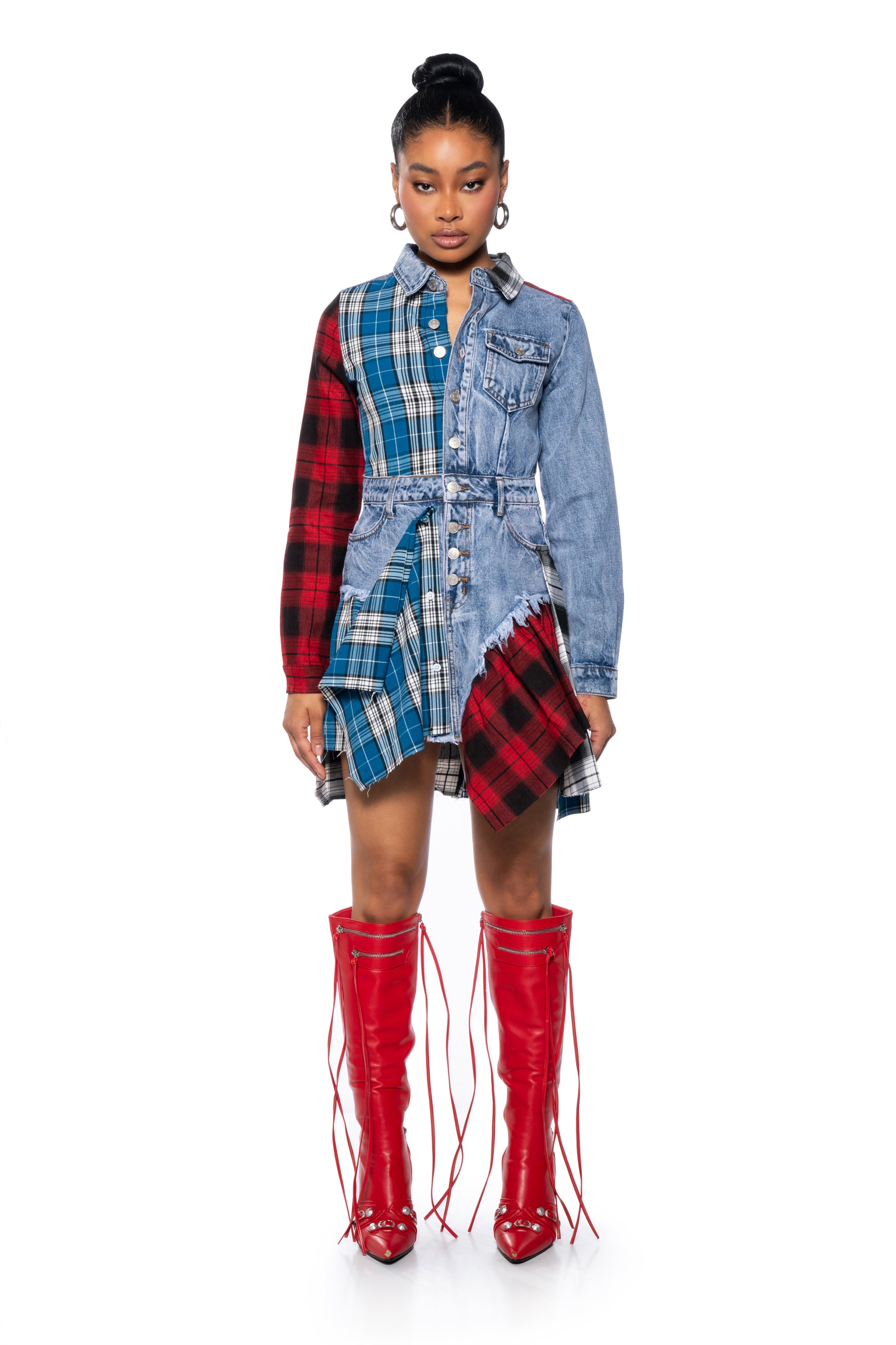 PATCHWORK PLAID DENIM MINI DRESS