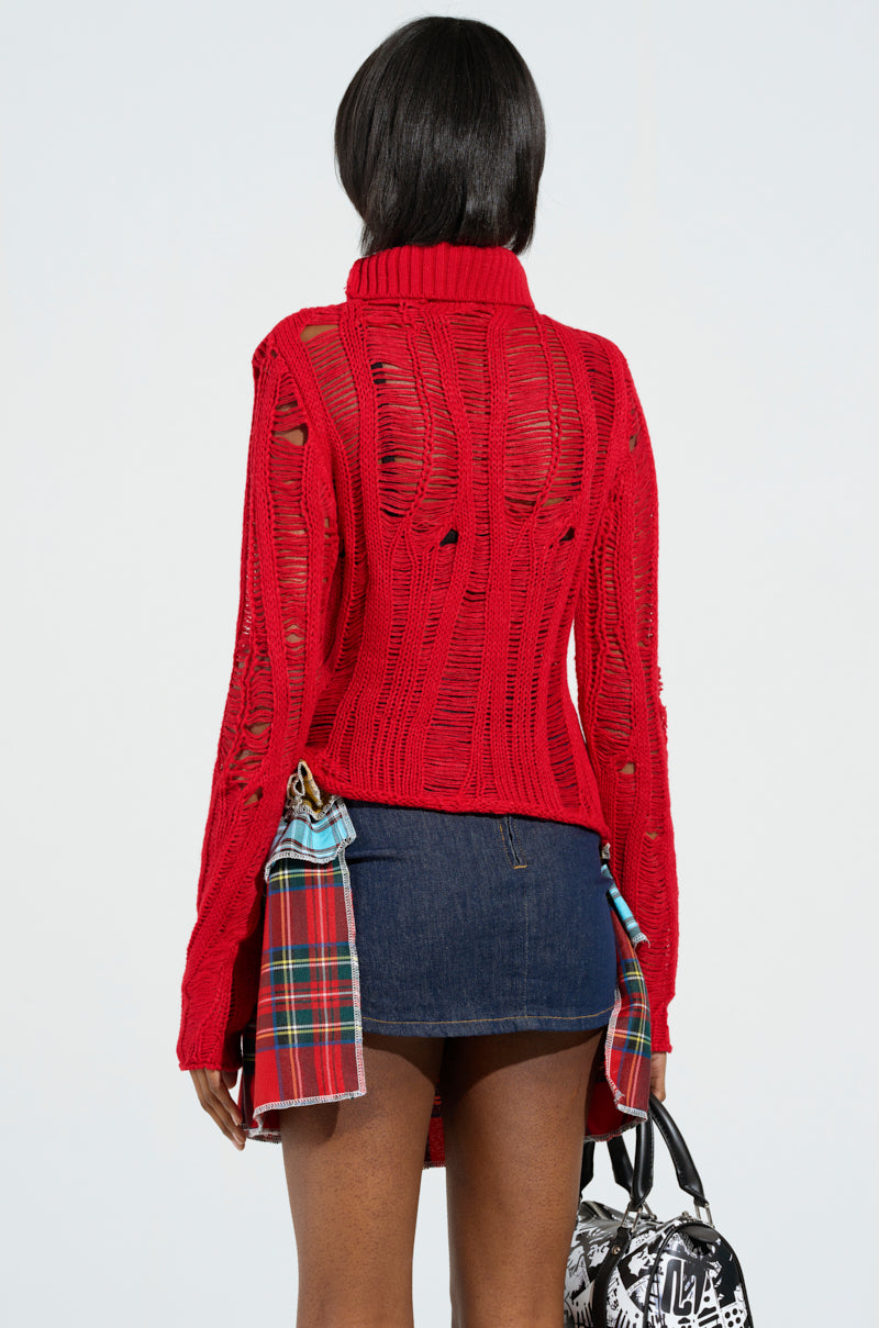 SEXY LOOSE WEAVE HIGH NECK SWEATER IN RED