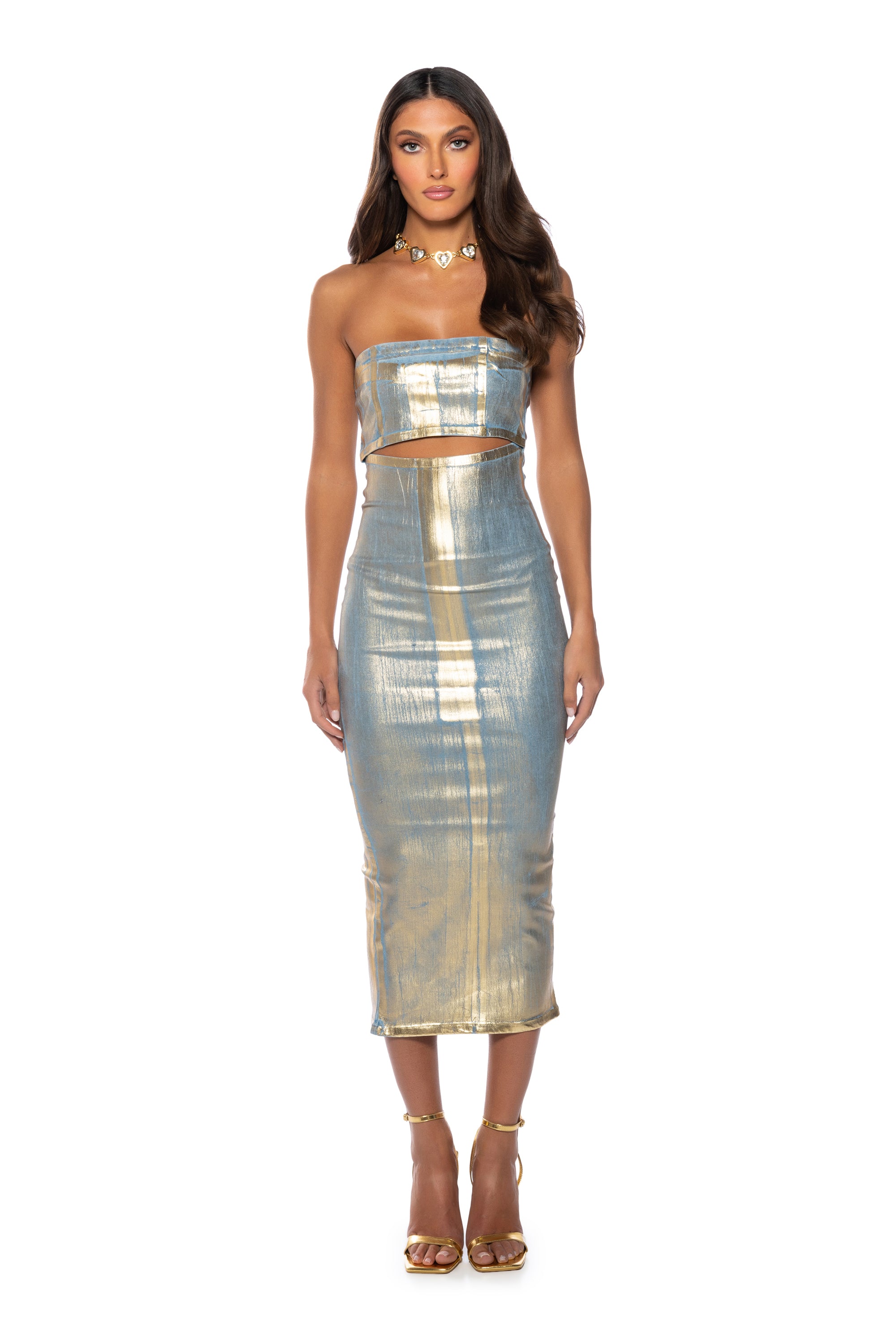 IM GOLD DENIM COATED MIDI DRESS