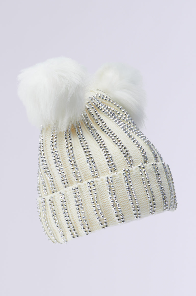 LEXII RHINESTONE KNIT MOUSE BEANIE IN WHITE