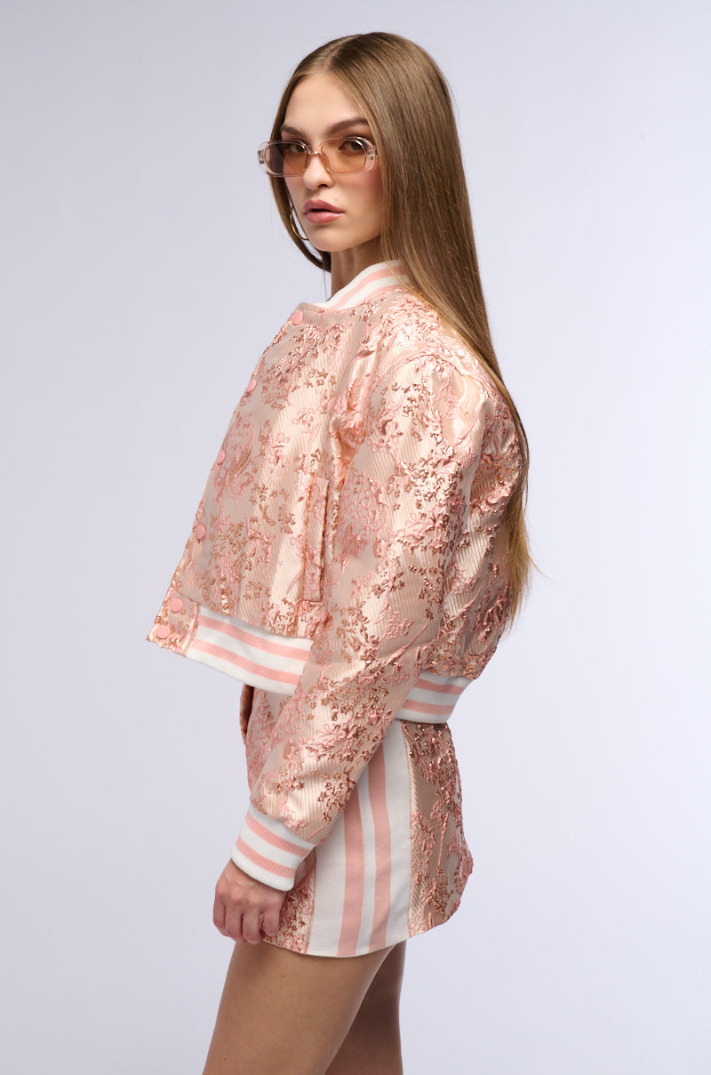 SWEET THING BROCADE BOMBER IN PINK