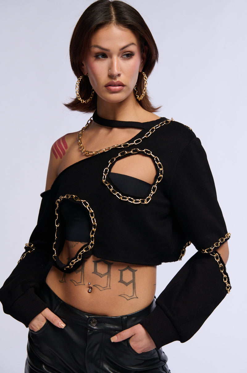 ROMY CUT OUT CHAIN DETAIL CROPPED SWEATSHIRT