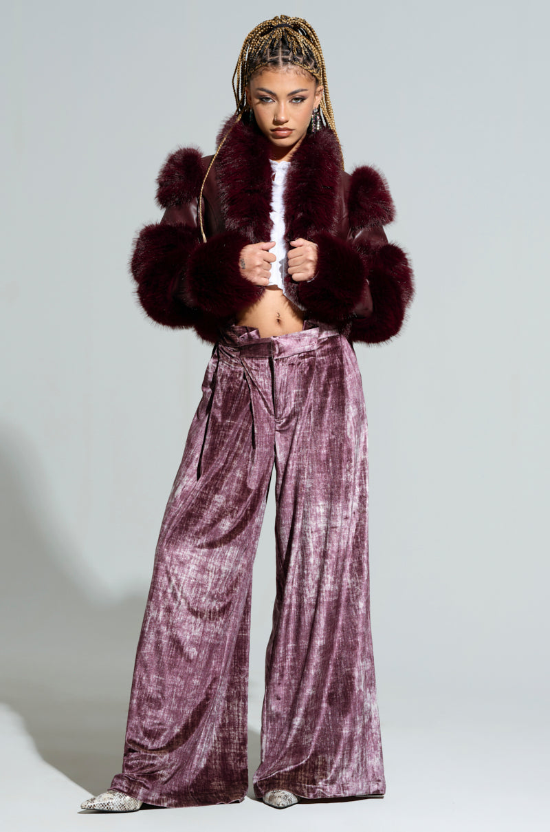 LOVERBOY FAUX FUR MOTO JACKET IN BURGUNDY