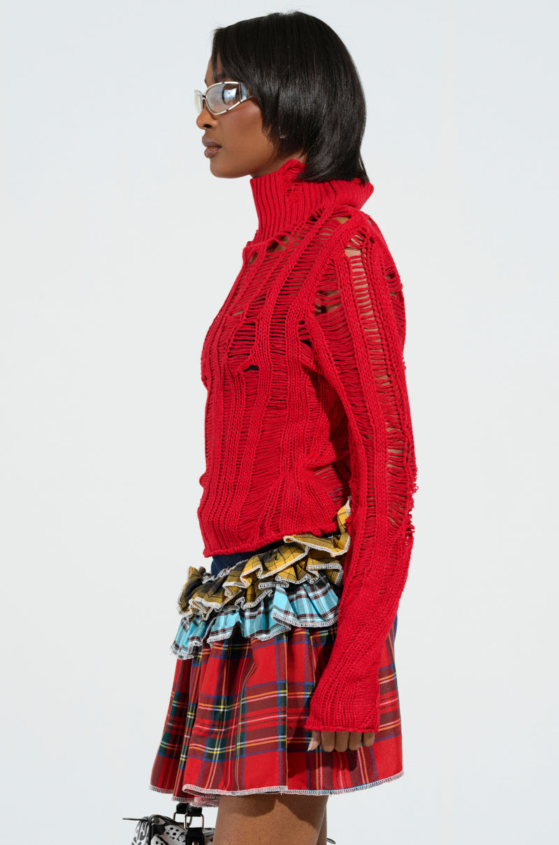 SEXY LOOSE WEAVE HIGH NECK SWEATER IN RED