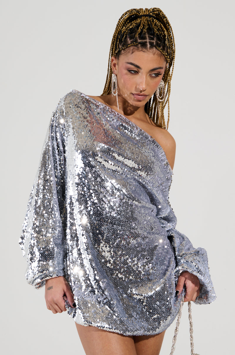 GEMMA OFF THE SHOULDER VOLUMINOUS SEQUIN MINI DRESS IN SILVER