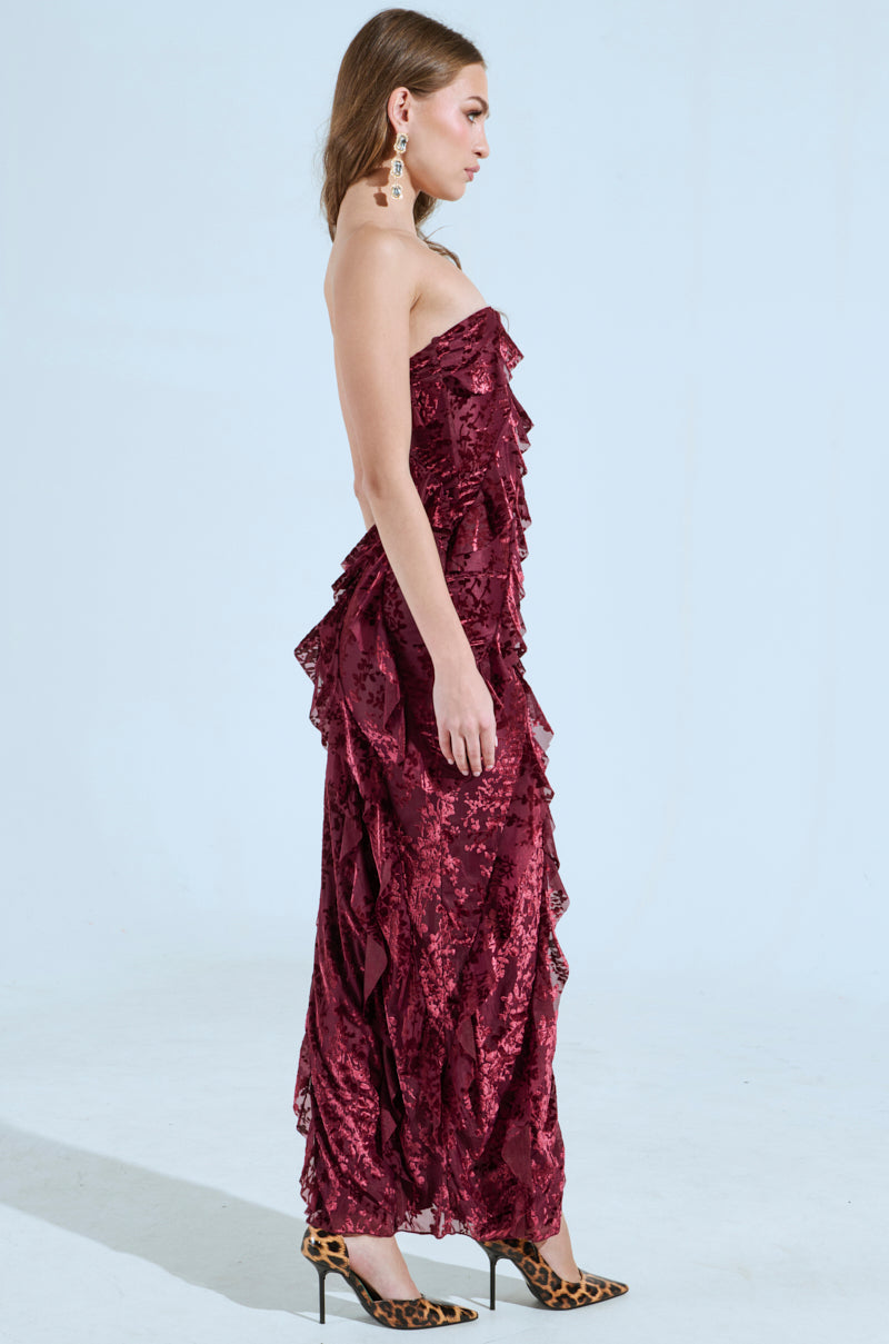 CYRUS VELVET MAXI DRESS IN BURGUNDY