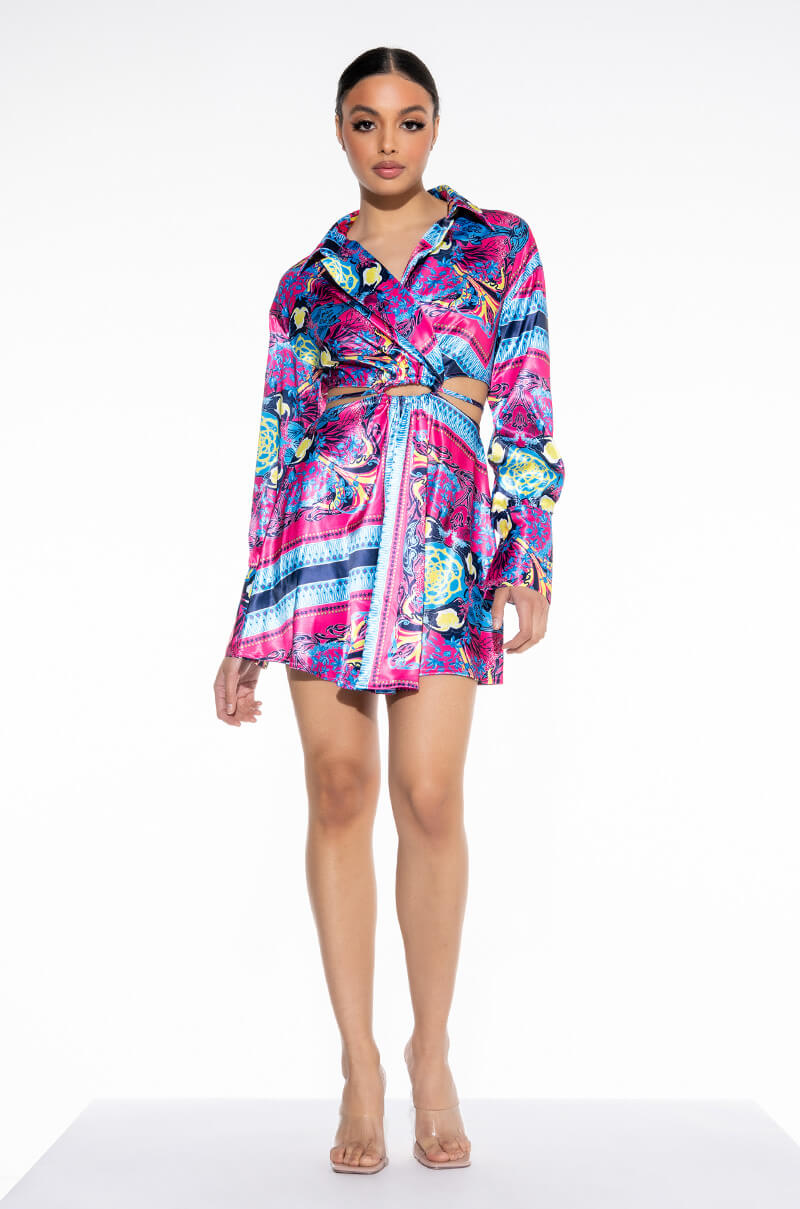 TIE BACK SCARF PRINT SHIRT DRESS