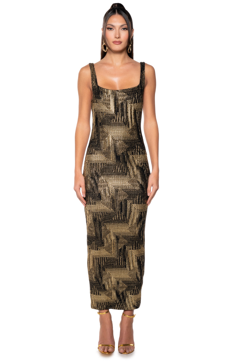 GEO METALLIC SQUARE NECK MAXI DRESS