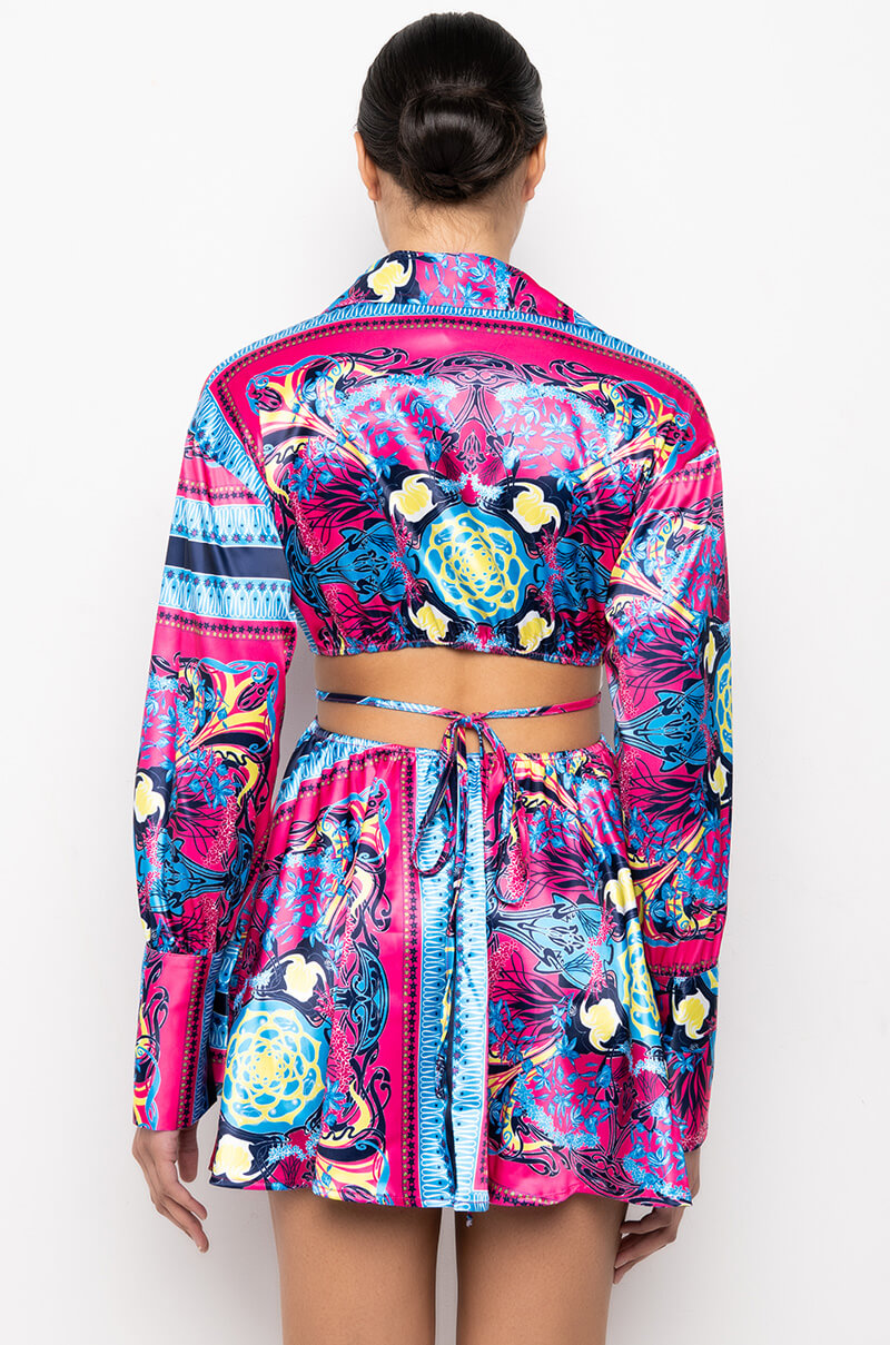 TIE BACK SCARF PRINT SHIRT DRESS