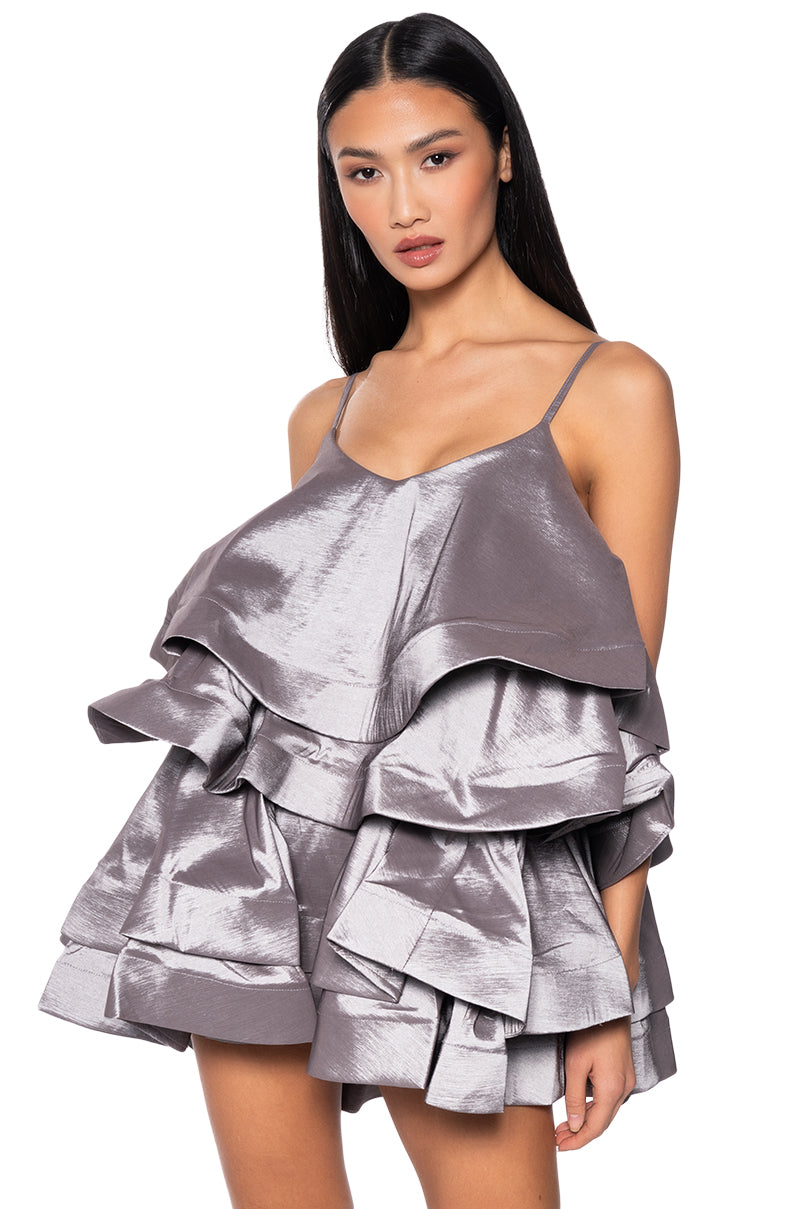 LOOKING FOR LUST RUFFLE MINI DRESS IN SILVER