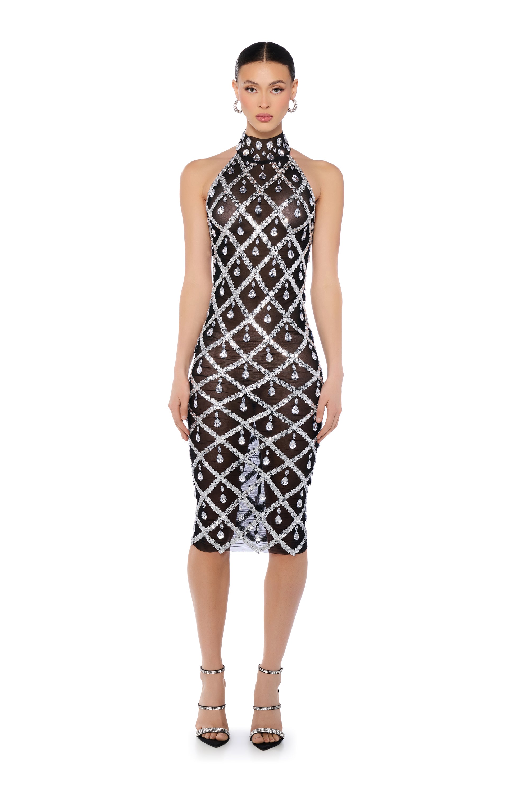 DIAMONDS ARE FOREVER MESH MIDI DRESS IN BLACK