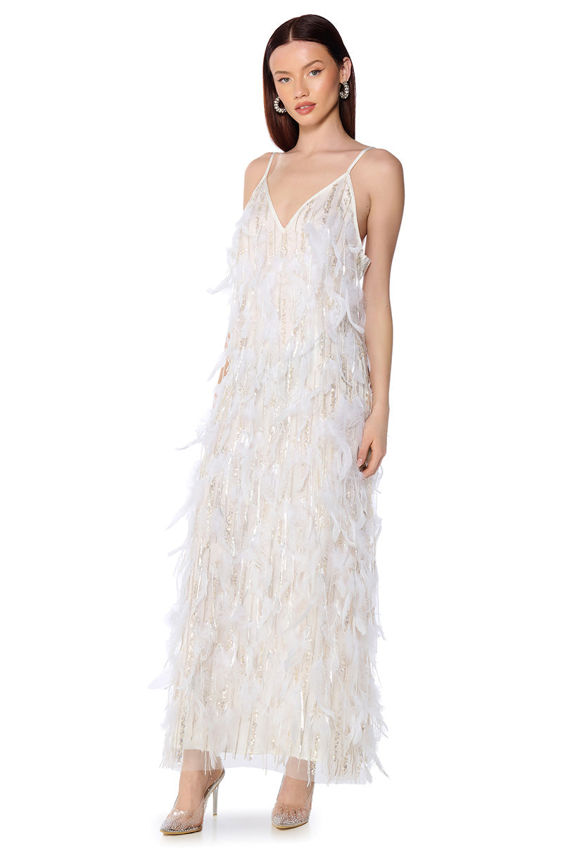 DREAM GIRL FEATHER EMBELLISHED MAXI DRESS