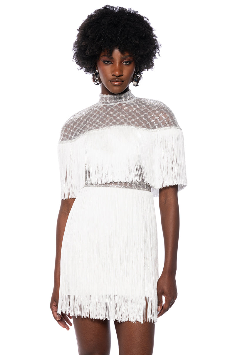 MYLAH FRINGE DETAIL SHORT SLEEVE MINI DRESS IN WHITE